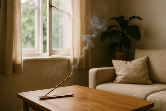 Incense burning in a bright, well-ventilated living room with open windows and airflow — visually reinforcing the importance of burning incense safely and intentionally for daily use.