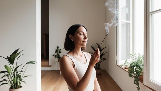 A woman walking through her home while cleansing the air with a lit incense stick during an energy ritual.