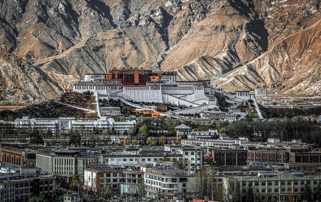 Majestic Potala Palace in Tibet, an iconic symbol of Tibetan culture, surrounded by houses and mountains, rises beautifully on the top of a hill against the mountainous backdrop and a clear blue sky.