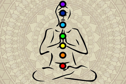 Minimalist black-line illustration of a meditating figure in a lotus pose, with the seven chakras represented by colorful energy centers along the body. A soft mandala pattern in the background enhances the spiritual and meditative feel.