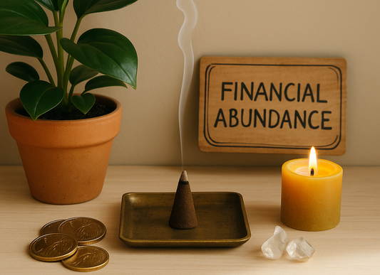 Realistic altar for financial abundance with a burning Lucky Zaki Tibetan incense cone releasing gentle curls of smoke, surrounded by coins, crystals, and green plants, creating a serene and intentional atmosphere.
