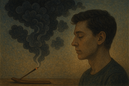 Burning incense with smoke transforming into a glowing sky inside a person's mind, symbolizing the journey from mental chaos to clarity and inner peace.