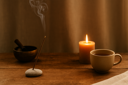 A Tibetan incense stick burning with smoke, lit candle, a singing bowl, and mug on a wooden surface.