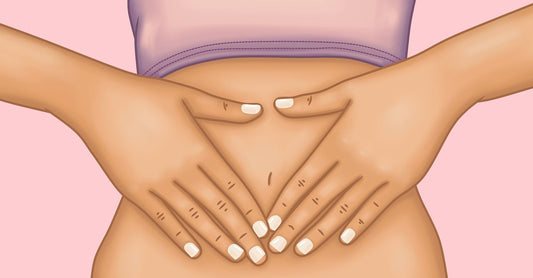 Illustration of hands gently placed on the lower belly in a heart shape, representing a calming gut-focused breathing ritual for digestion and self-care.