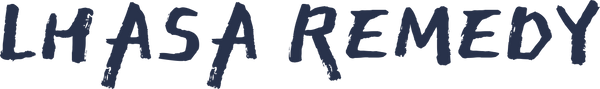 Lhasa Remedy logo in a bold, handwritten font with deep navy coloring, reflecting the brand’s grounded yet soulful Tibetan-inspired identity.