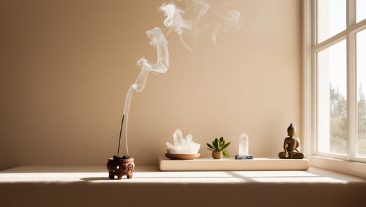 A lit Tibetan incense stick releasing smoke in a cozy sunlit room, used for energy and air cleansing