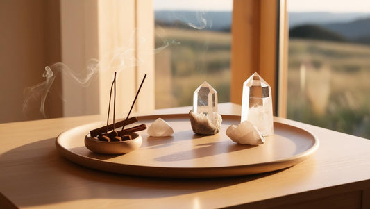 A lit incense stick burning near a window with crystals and calm sunlight, creating a cleansing and peaceful space.