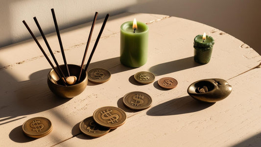 Money altar setup with lit incense, green candle, and coins arranged for a prosperity ritual.
