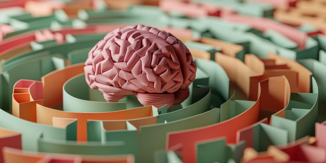 3D illustration of a pink brain inside a colorful maze, symbolizing mental health, problem-solving, and navigating thoughts or challenges.