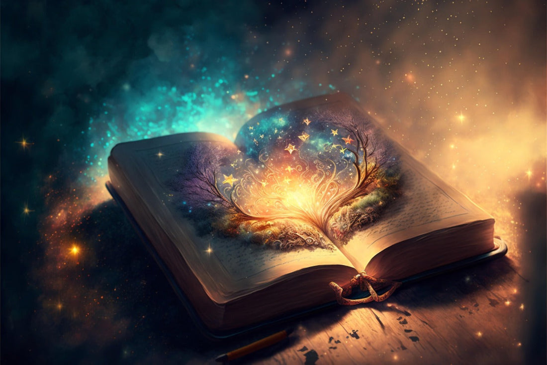 A mystical open book radiating magical light, stars, and a glowing tree, symbolizing ancient wisdom and spiritual rituals for manifesting wealth. Explore how money incense works to attract abundance and its spiritual benefits for financial success.