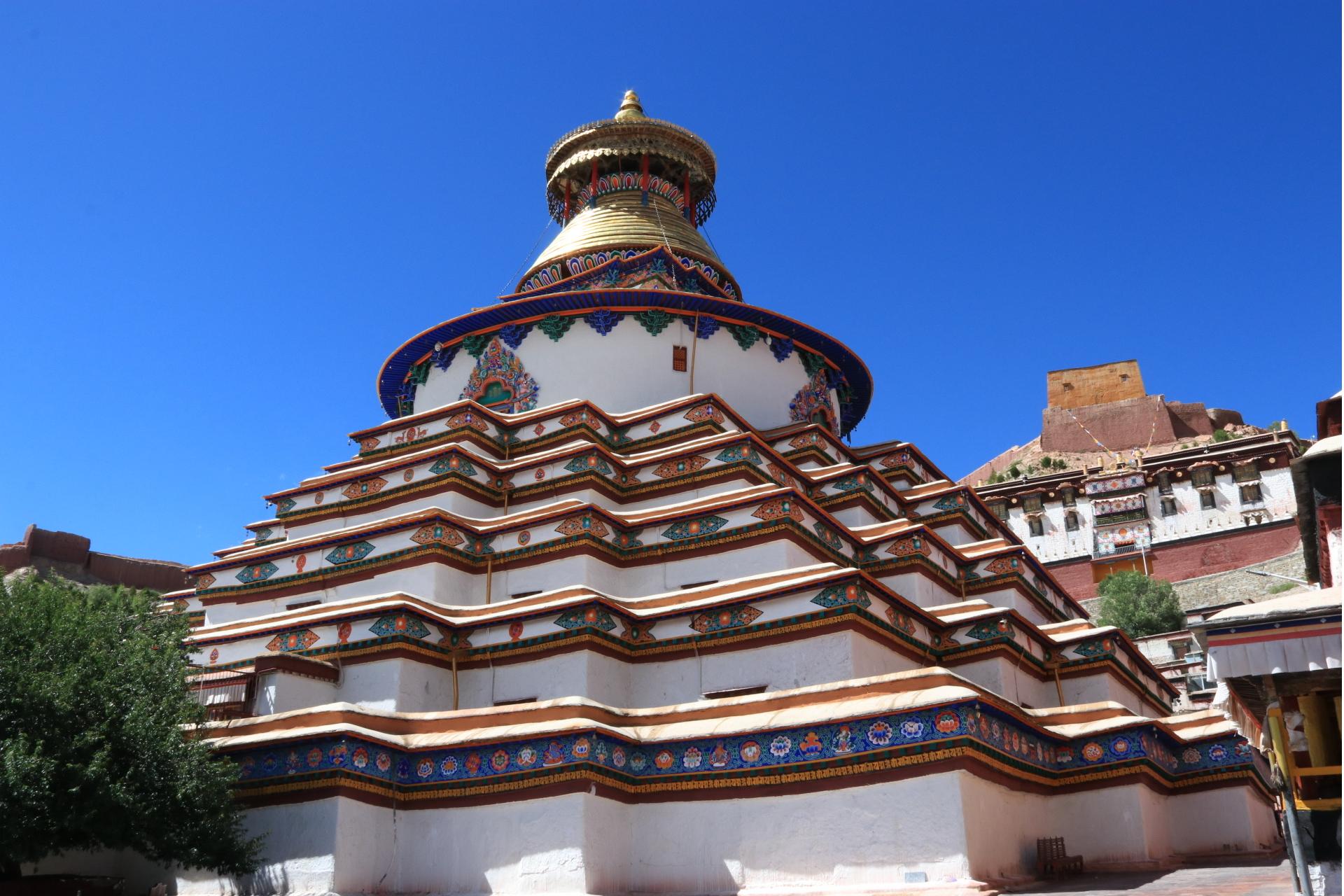 A serene view of the stupa at a Tibetan monastery, surrounded by green lush, set against the blue sky of Tibet.