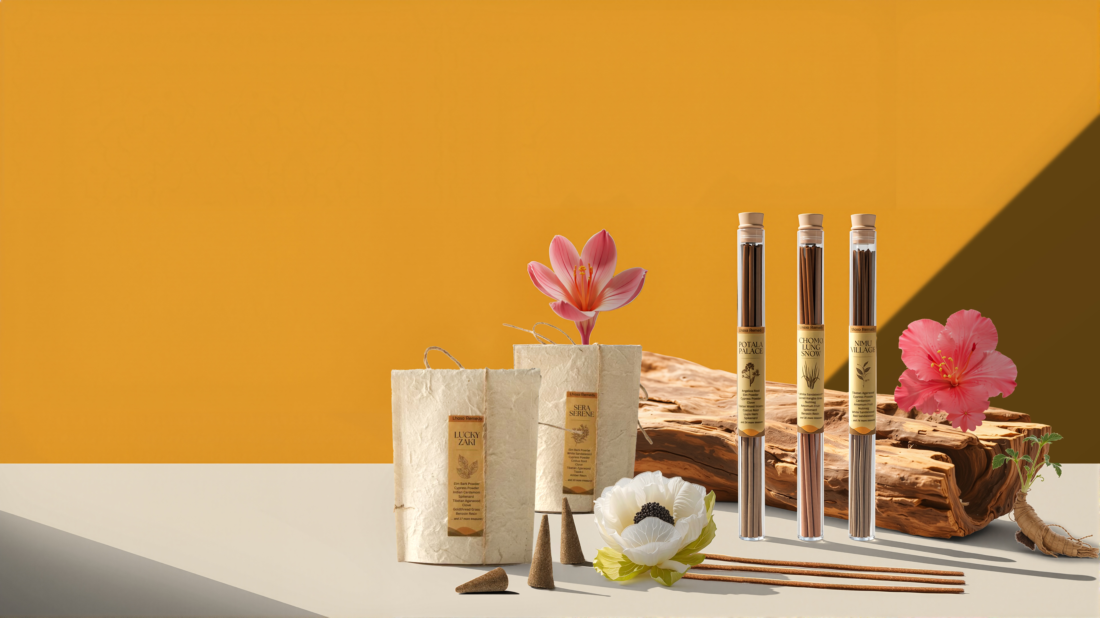 Hero banner showcasing Lhasa Remedy Tibetan incense sticks, cones, and packaging with natural flowers and herbs on a warm golden background.