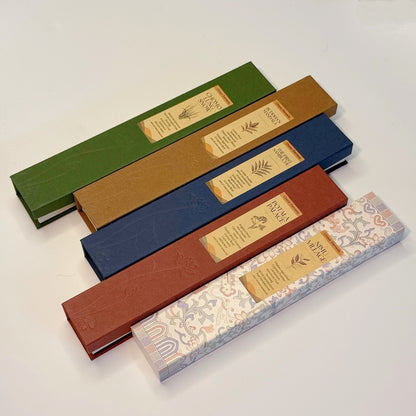 Five Lhasa Remedy Tibetan incense gift boxes—Nimu Village, Potala Palace, Sera Serene, Buddha’s Mandala, and Chomolung Snow—arranged in a colorful flatlay.